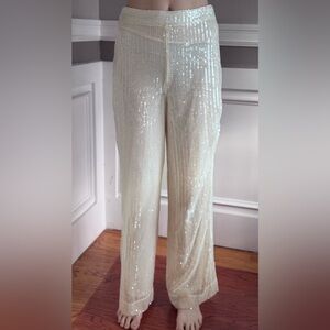 NWT House Of Harlow Ivory Sequin Wide Leg Pants Lined Party Size 6 and Size 2